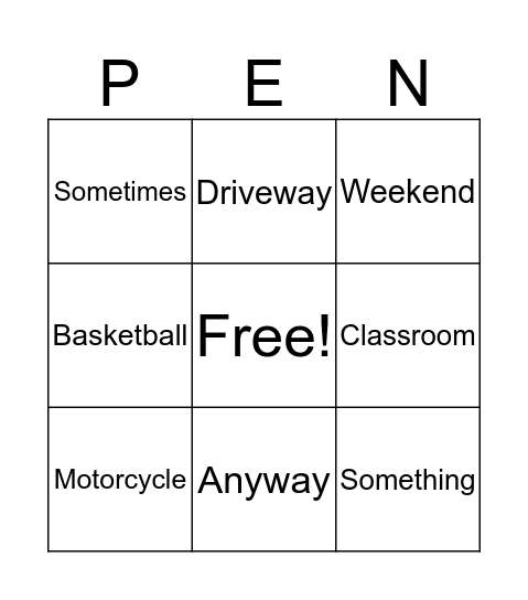 Spelling Bingo Card