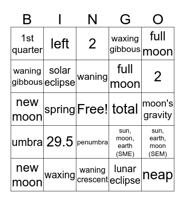 Tides, Eclipses, & Moon Phases Bingo Card