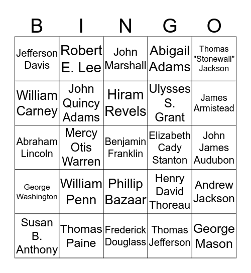 U.S. History Bingo Card