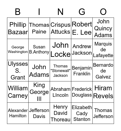 U.S. History Bingo Card