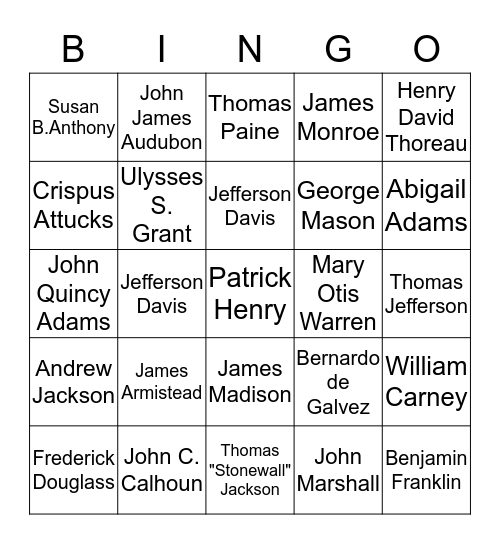 U.S. History Bingo Card