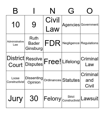 Judicial Branch Bingo Card