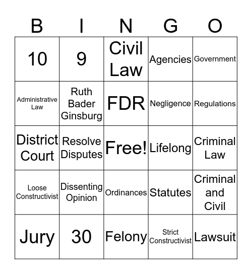 Judicial Branch Bingo Card