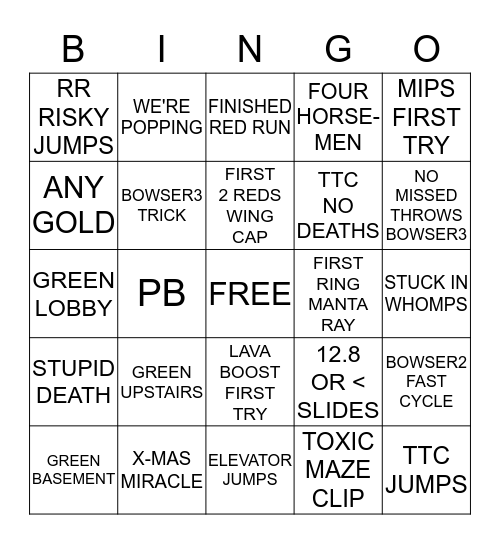 SM64 70 Star NotKain Bingo Card