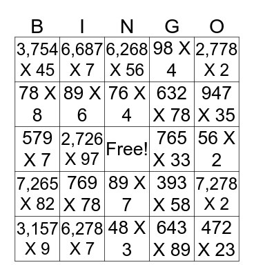 Multiplication Bingo Card