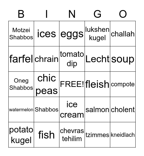 Shabbos Bingo Card