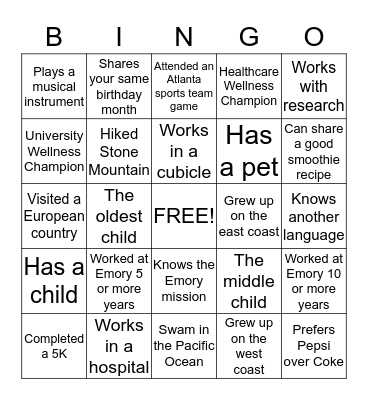 Human Scavenger Hunt Bingo Card
