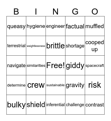 Trip to Mars Bingo Card