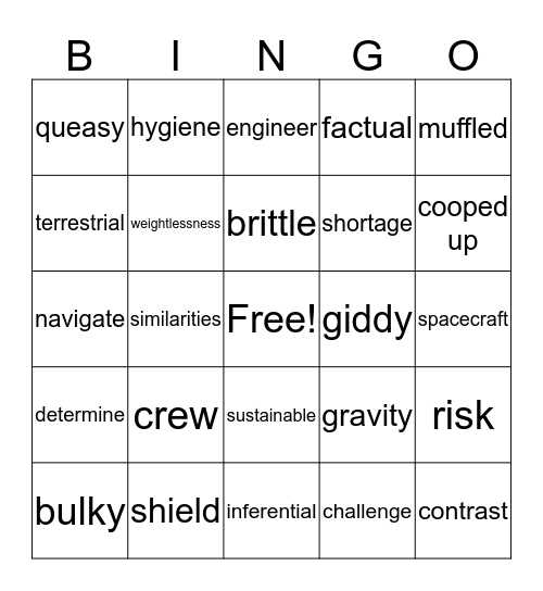 Trip to Mars Bingo Card