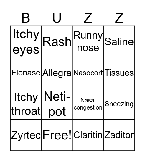 The BUZZ on Allergies Bingo Card