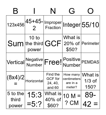 City Year 2018 Bingo - Math Edition Bingo Card