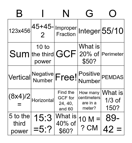 City Year 2018 Bingo - Math Edition Bingo Card