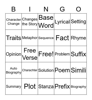 Reading Vocabulary Bingo Card