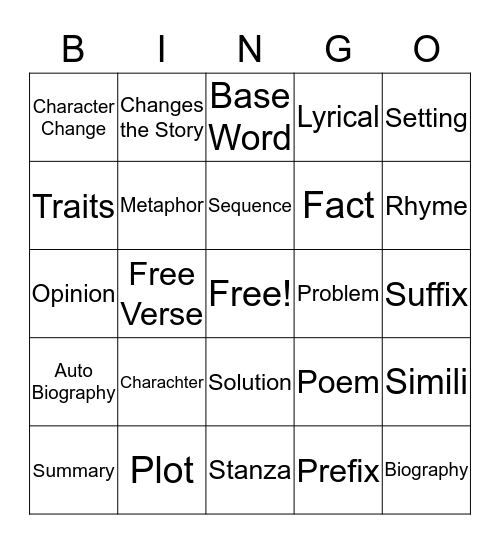 Reading Vocabulary Bingo Card