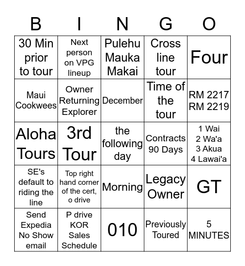 TOUR RECEPTION Bingo Card