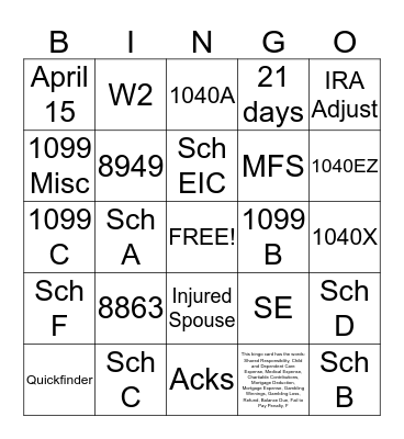 IRS Bingo Card