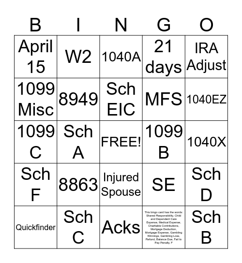 IRS Bingo Card