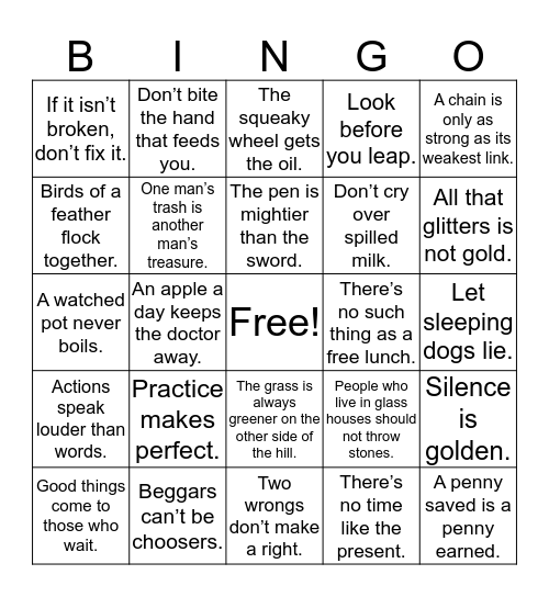 Adages/Proverbs Bingo Card