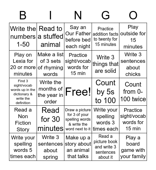 Homework Bingo Card