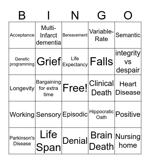 Death and Bereavement Bingo Card