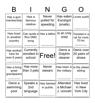 GETTING TO KNOW YOU Bingo Card