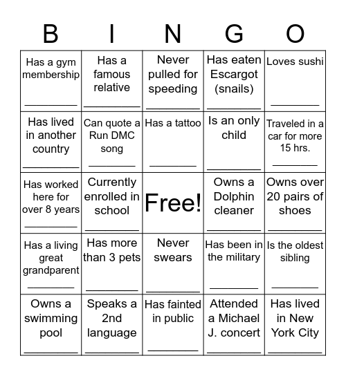 GETTING TO KNOW YOU Bingo Card