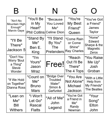 Supportive Songs Bingo  Bingo Card