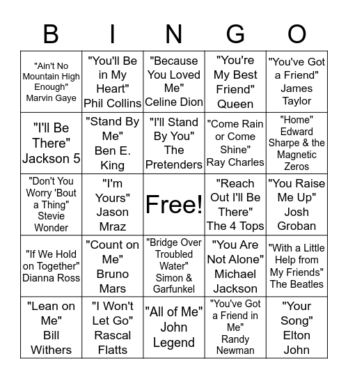 Supportive Songs Bingo  Bingo Card