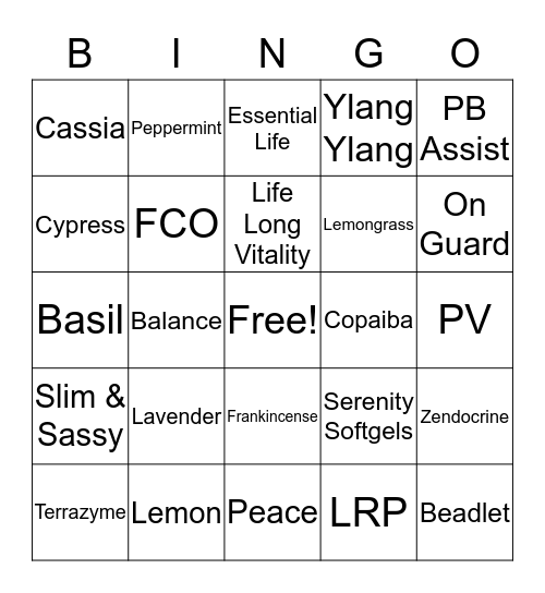 EssentiaLee Oil Bingo Card