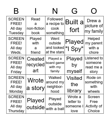 SCREEN FREE WEEK  Bingo Card