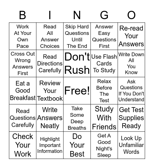 Study Skills & Test Tips Bingo Card