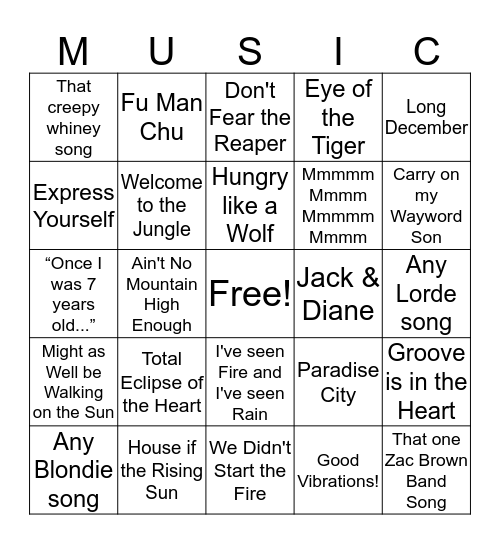Music Bingo Card