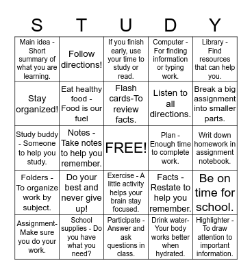 Study Skills Bingo Card