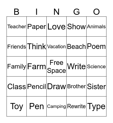 Writing Bingo Card