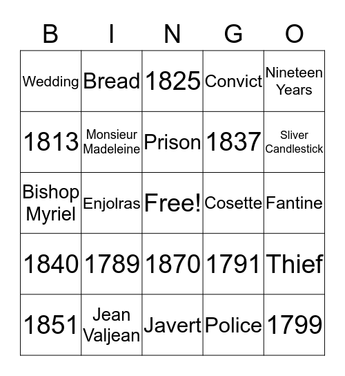 Les Misérables and French History  Bingo Card
