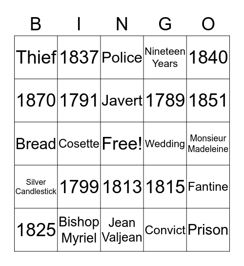 Les Miserables and French History Bingo Card