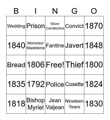 Les Miserables and French History Bingo Card