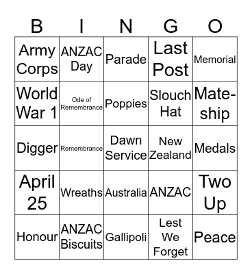 ANZAC Day Bingo Card