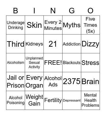 Alcohol Prevention Bingo Card