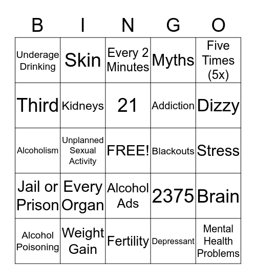 Alcohol Prevention Bingo Card