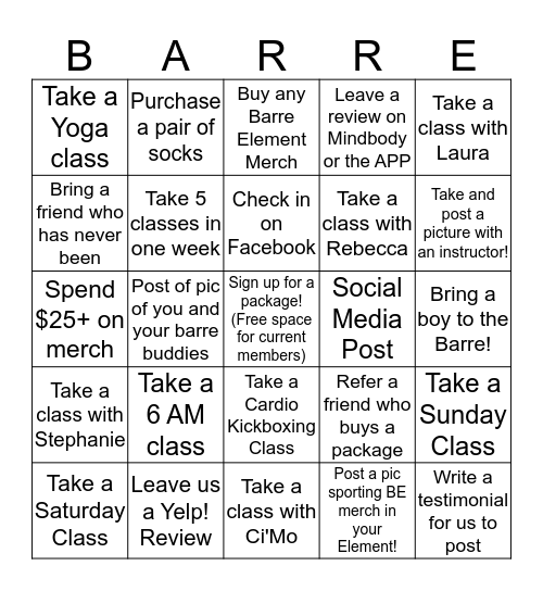 BARRE BINGO Card