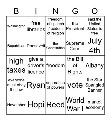 Citizenship Bingo Card