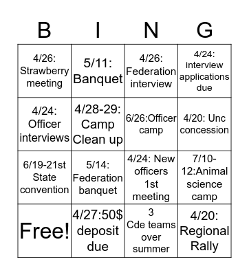 Upcoming events  Bingo Card