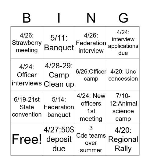 Upcoming events  Bingo Card