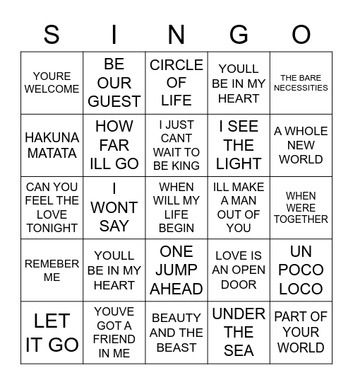 204 DISNEY’S GREATEST HITS Bingo Card