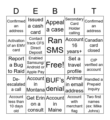 DEBIT CARD BINGO Card