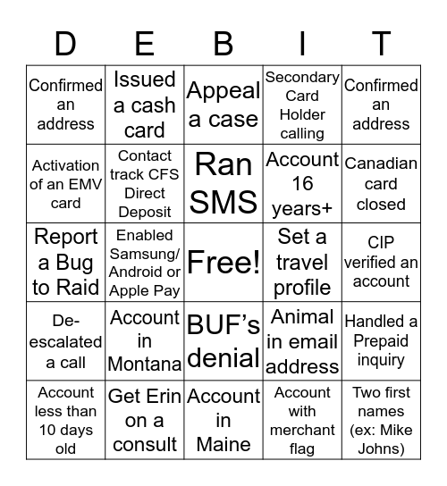 DEBIT CARD BINGO Card