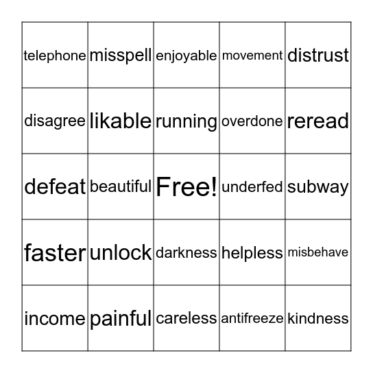 Words with Prefixes and/or Suffixes Bingo Card