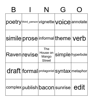 The House on Mango Street Bingo Card