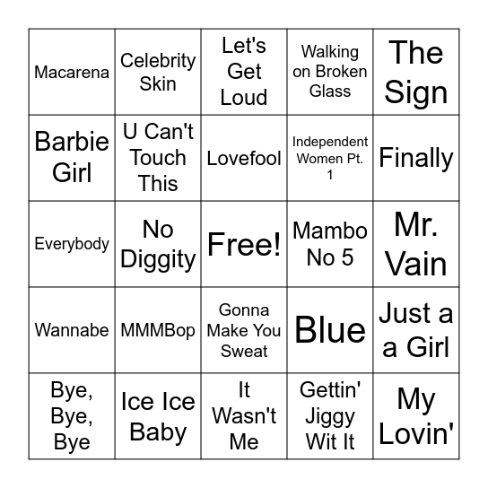 All Out 90's Bingo Card